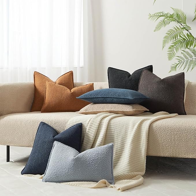 JUSPURBET Black Decorative Pillow Covers 14x24 Set of 2 Throw Pillow Covers for Couch Sofa Bed Cozy Boucle Textured Lumbar Cushion Covers Cases with Hidden Zipper for Living Room Home Decor