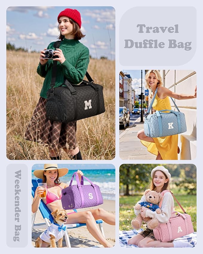 Elilier Initial Gym Bag for Girls, Kids Travel Duffel Bag, Graduation Gifts for Her, Personalized Weekender Bag with Shoes Compartment, Gifts for Mom, Girls Gifts for Kids