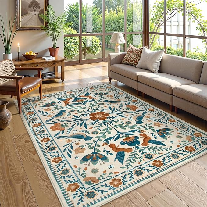 Moynesa Floral Bird 6x9 Area Rug for Living Room Bedroom Dining Room, Retro Home Decorations for Modern Bohemian Farmhouse Open Areas, Family Friendly Comfort Floor Protection Non-Slip Washable