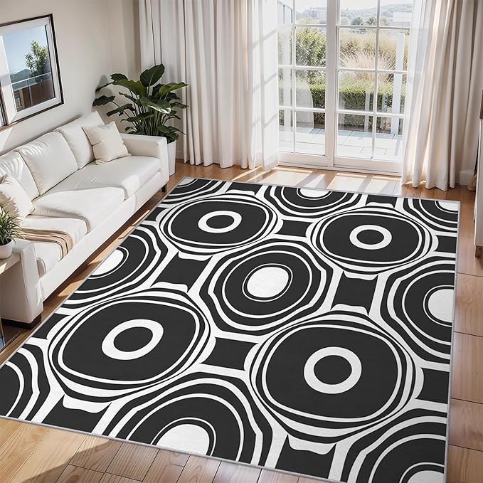 Black and White Geometric Rugs for Home Decor, 3x5 ft, Ring Circle Area Rugs for Living Room, Soft Non Slip Washable Modern Abstract Carpet Bedroom Decorations Dt-Ghf-31