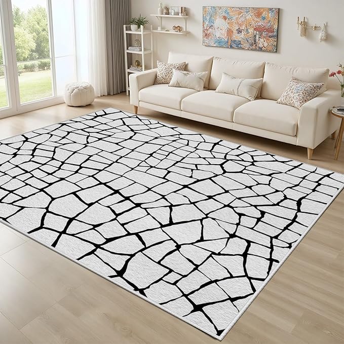 Black and White Area Rug, Abstract Rug, Contemporary Minimalist Rugs, Geometric Cracks Area Rugs, Modern Geometric Carpet for Living Room, Washable Non Slip Home Decor Mat 6x9