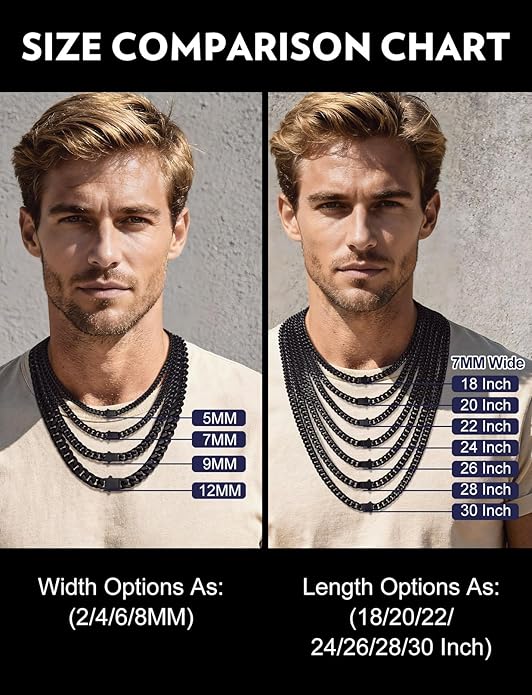 Bandmax Mens Stainless Steel Chain Necklaces 5/7/9/12MM Chunky Miami Cuban Link Chain Necklace Bracelet Silver/Gold Plated/Black Chains for Men 18"-30"