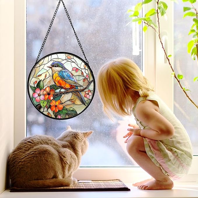 DASTOLL Stained Glass Window Hanging, Blue Bird Pink Flower Suncatcher Diamond Glass Panel Bird Sun Catchers Decor for Birthday for Women, Men, Wife, Aunt, and Mom 9.8 in