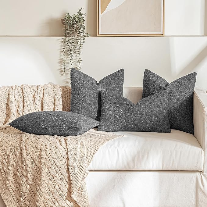 MIULEE 18x18 Inch Decorative Pillow Covers for Couch Bed Set of 2 Textured Boucle Neutral Winter Throw Pillows Dark Gray Accent Solid Cushion Pillowcases Sofa Livingroom Home Decor