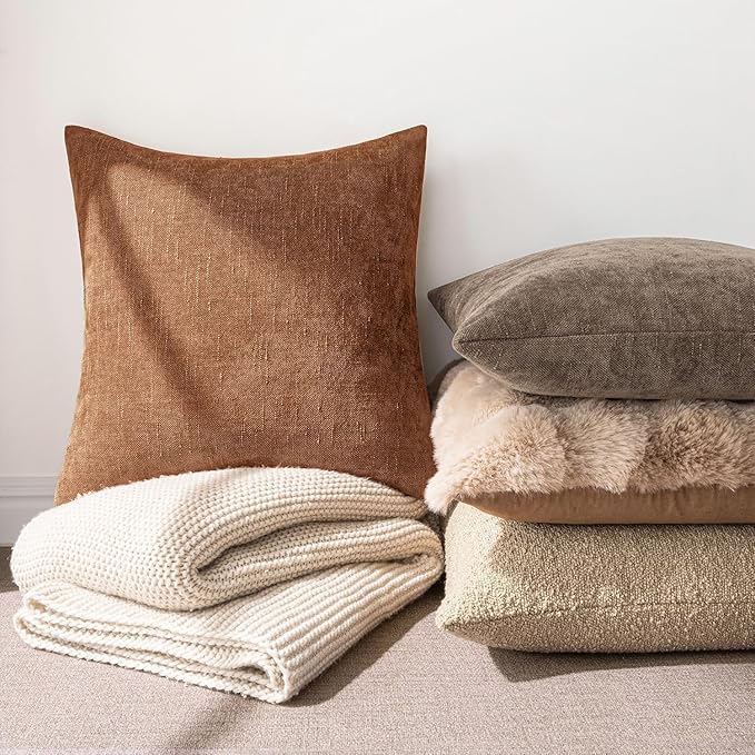 MIULEE Pack of 2 Decorative Throw Pillow Covers Soft Chenille Throw Pillows Solid Neutral Farmhouse Textured Cushion Covers Morden Home Decor for Couch Sofa Bedroom Living Room 22x22 Inch,Dark Brown