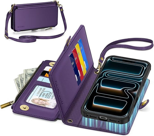 TUCCH Removable Crossbody Wallet Case for iPhone 17 Pro Max, RFID Blocking 10 Card Holders, Lanyard, Wrist Strap, Wireless Charging, Stand, Zipper Pocket, PU Leather, Magnetic Flip Cover, Deep Purple