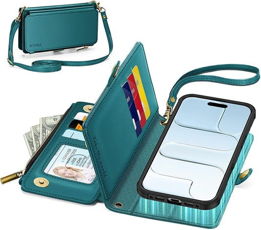 TUCCH Detachable Crossbody Wallet Case for iPhone Air (6.5"), 9 Card Holders RFID Blocking | Lanyard | Wrist Strap | Wireless Charging | Zipper Pocket | PU Leather | Stand Flip Cover | Bluish Green