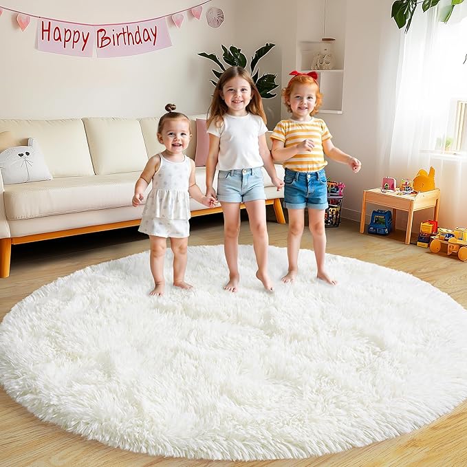 Round Fluffy Rugs 3Ft for Girls Bedroom, Cream White Shag Circle Kids Rug Non-Slip for Bedside Dorm Nursery Playroom, Soft Cute Area Rugs for Living Room Decor
