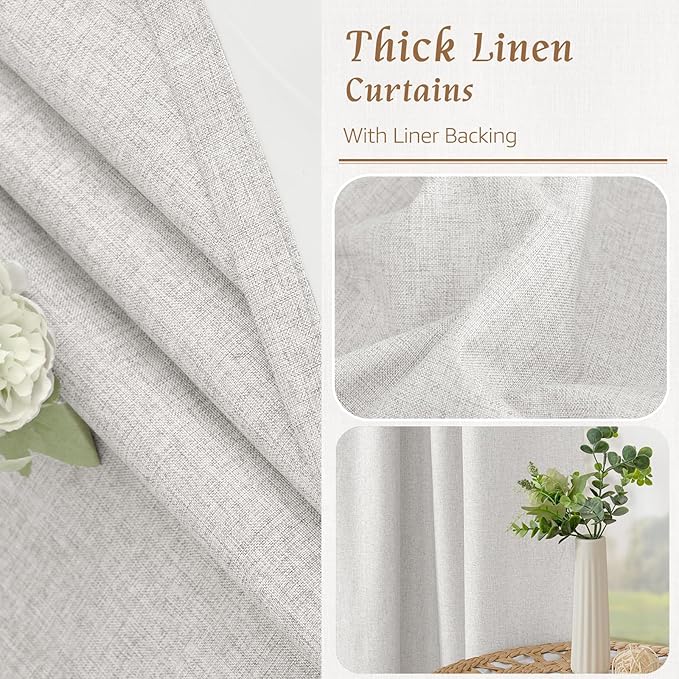 LAMIT Light Grey Linen Full Blackout Window Curtains for Bedroom, 54 Inches Thermal Farmhouse Curtains Back Tab and Rod Pocket Privacy Protected Burlap Panels with White Liner, 2 Panels, 52 x 54 Inch