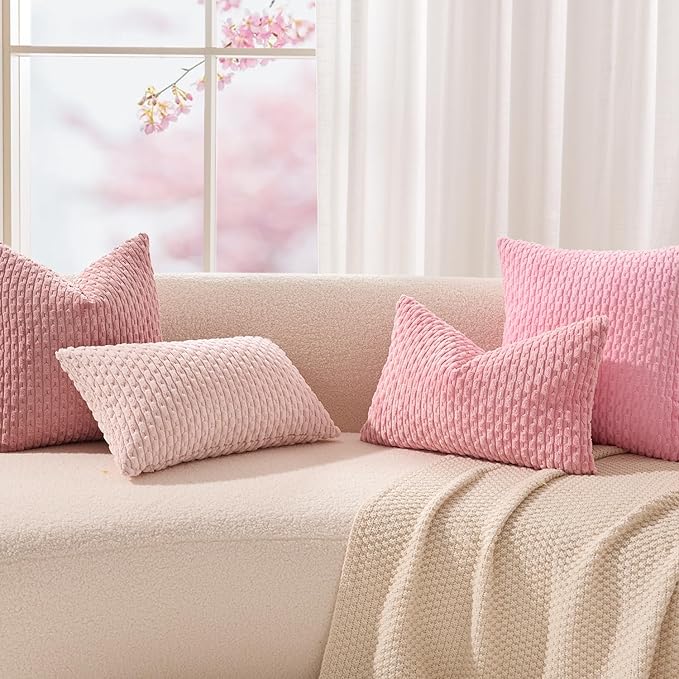 Kevin Textile Valentines Day Decorative Pillow Covers Set of 2 Striped Plush Corduroy Rectangle Lumbars Boho Home Decor Cushion Covers for Couch Sofa Bed Living Room 12x20 Inch, Pink
