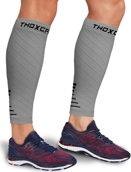 Thoxcare Calf Compression Sleeve for Men Women (1 Pair), Leg Support Footless Compression Socks for Running - Shin Splint Varicose Veins Swelling & Pain Relief, Gray/Black, Large