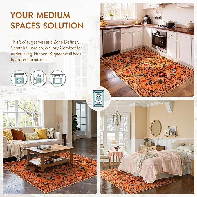 Moynesa Bedroom Rug 5x7, Washable Bohemian Scandinavian Orange Area Rugs for Living Room Dining Room Reading Coner, Modern Country Floral Bird Carpet, Fall Home Decor Non-Slip Protection