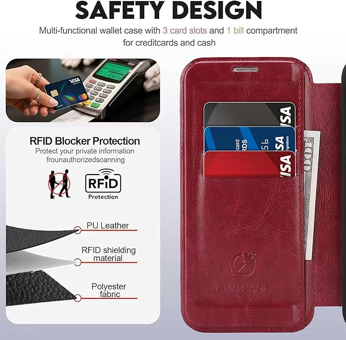 CIVICASE for iPhone 15 Pro Max Wallet Case with Stand,PU Leather Flip Credit Card Holder Slots (RFID Blocking),Compatible with Magsafe Magnetic Holder Phone Cover Women Men,Wine Red