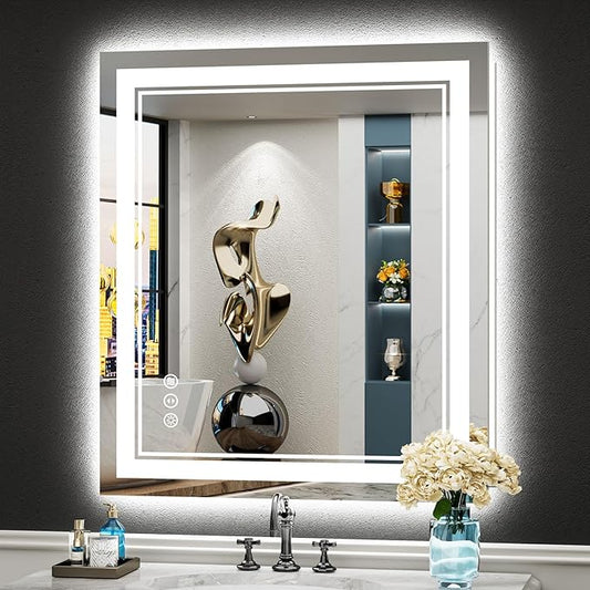28x32 LED Bathroom Mirror with Lights, Backlit & Front Lit, Anti-Fog Lighted Vanity Mirror for Bathroom Wall, 3 Colors, Dimmable, Memory, HD Tempered Glass, Shatter-Proof, Horizontal/Vertical
