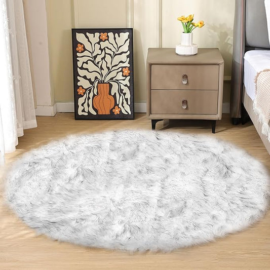 Grey and White Washable Shaggy Round Rug 5ft Circle Faux Sheepskin Furry Fur Rugs for Bedroom Nursery Rug