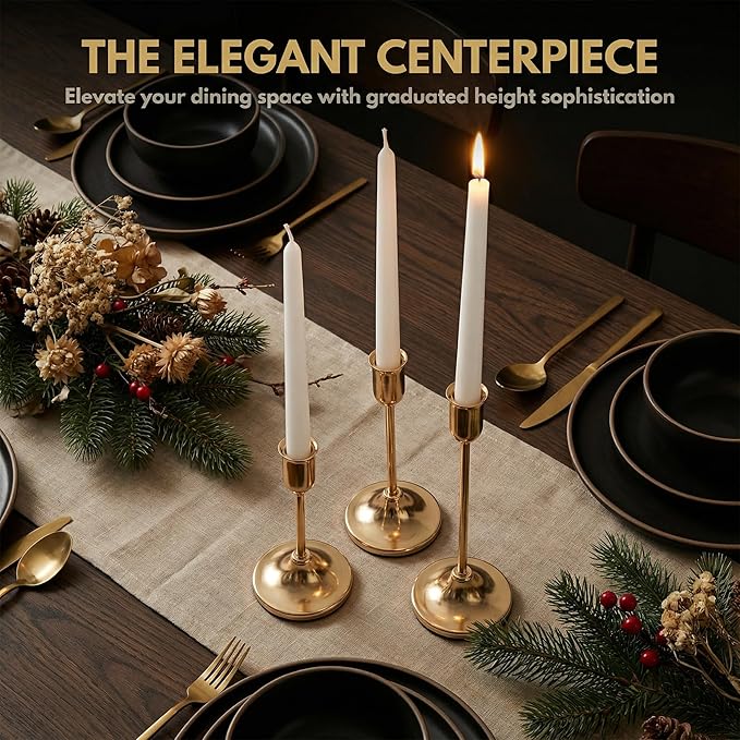 27 Pcs Gold Candlestick Holders Set - Vintage Brass Taper Candle Holder for Pillar Candles - Modern Decorative Centerpiece for Wedding Fireplace Mantel Decor - Cozy Atmosphere Housewarming Gift
