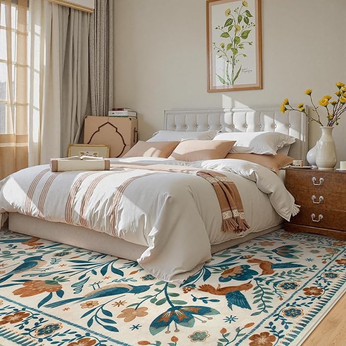 Moynesa Washable 8x10 Area Rugs for Living Room Bedroom Dining Room, Modern Bohemian Farmhouse Floral Bird Print Pattern Medallion Carpet, Retro Home Decor Open Floor Areas Non-Slip Protection