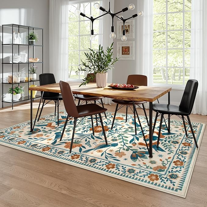 Moynesa Floral Bird 6x9 Area Rug for Living Room Bedroom Dining Room, Retro Home Decorations for Modern Bohemian Farmhouse Open Areas, Family Friendly Comfort Floor Protection Non-Slip Washable
