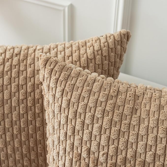 Kevin Textile 2 Packs Tan Decorative Throw Pillow Covers 20x20 Inch for Living Room Couch Bed Sofa Soft Striped Corduroy Square Cushion Case 50x50 cm Rustic Farmhouse Boho Home Decor