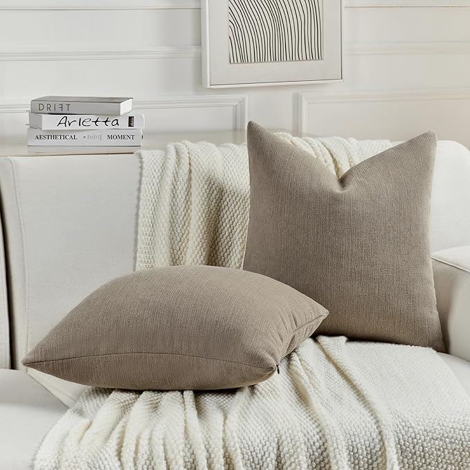 FUTEI Coffee Chenille Decorative Throw Pillow Covers 26x26 Inch Set of 2,Soft Cozy Faux Linen Textured Euro Pillow Shams,Farmhouse Home Decor for Couch Living Room