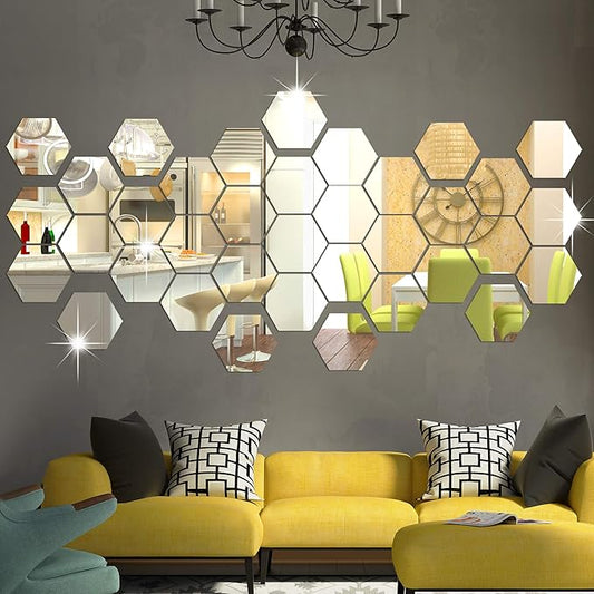 RW-103 36 PCS Acrylic Mirror Wall Stickers Hexagon Mirror Wall Decals DIY Removable 3D Geometric Hexagon Mirror Art Setting Wall Decor for Bedroom Living Room Office Kitchen Home Decoration (Silver)