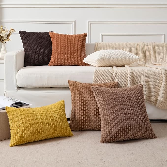 Kevin Textile Decorative Pillow Covers Set of 2 Striped Plush Corduroy Rectangle Lumbars Boho Home Decor Cushion Covers for Couch Sofa Bed Living Room 12x20 Inch, Burnt Orange