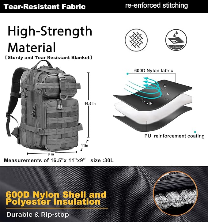 Small Tactical Backpack Military Daypack - 30L Backpack for Men Molle Assault Pack Bug Out Bag for Hiking Camping (Grey)