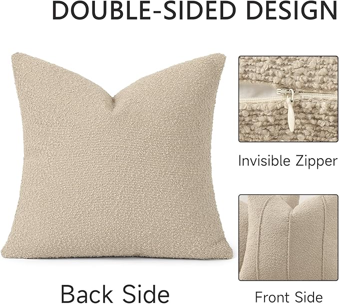YCOLL Textured Boucle Throw Pillow Covers 22x22 Pack of 2 - Soft Neutral Striped Cushion Covers, Cozy Accent Decorative Pillow Covers for Couch, Sofa, Bed, Living Room (Oatmeal)