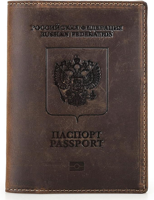 Top Grain Leather Single Travel Passport Wallet Embossing Badge for Unisex, Folio Design for Passport & Multi Cards, RFID Blocking for Passport/Cards/Checks/Bills/AirTag, Coffee Default, RU
