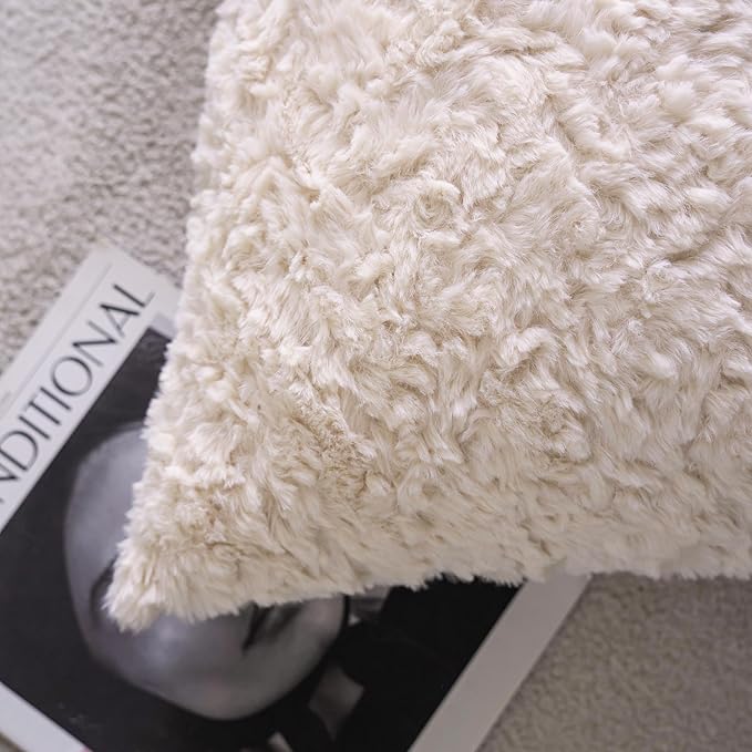 Neelvin Set of 2 Faux Fur Throw Pillow Covers 12x20 Inch Beige Cozy Soft Solid Decorative Pillowcases Thick Plush Sheepskin Cushion Case for Chair and Couch Sofa Bedroom