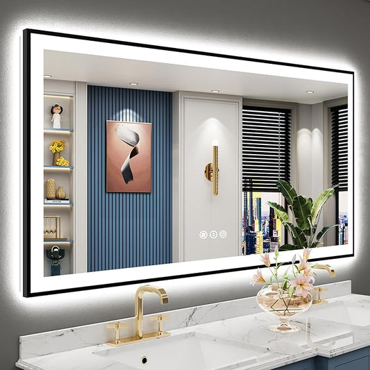 60x30 Black Framed LED Bathroom Mirror with Lights, Backlit + Front Lit, Anti-Fog Lighted Vanity Mirror for Bathroom Wall with 3 Colors, Stepless Dimmable, Memory, Tempered Glass, ETL Listed