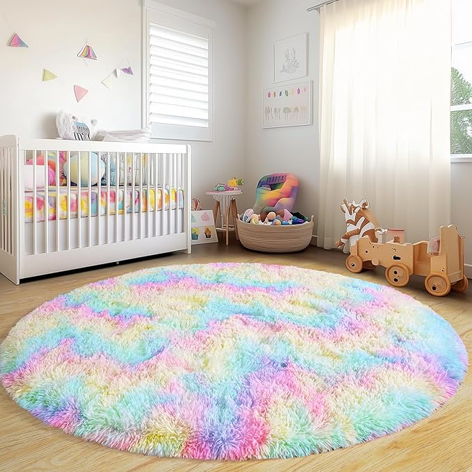 Round Fluffy Rugs 8Ft for Girls Bedroom, Rainbow Shag Circle Kids Rug Non-Slip for Bedside Dorm Nursery Playroom, Soft Cute Area Rugs for Living Room Decor