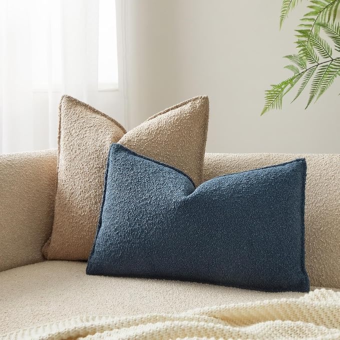 JUSPURBET Blue Decorative Pillow Covers 12x20 Set of 2 Throw Pillow Covers for Couch Sofa Bed Cozy Boucle Textured Lumbar Cushion Covers Cases with Hidden Zipper for Living Room Home Decor