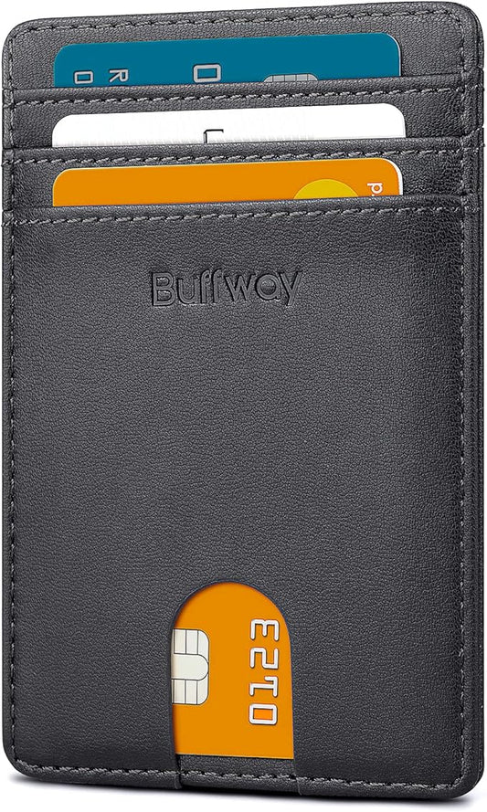Buffway Mens Slim Wallet, Minimalist Thin Front Pocket Leather Credit Card Holder with RFID Blocking for Work Travel | Minimalist, Thin, Front Pocket, Credit Card Holder, RFID Blocking, for Work Travel