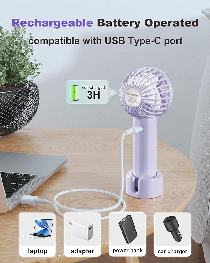 Coohea Mini Handheld Fan, Small Cute Design, 3 Powerful Speeds, USB Rechargeable Battery Operated, Portable Personal Fan with Base & Lanyard, for Eyelash Makeup Travel Beach Office Desk, Purple