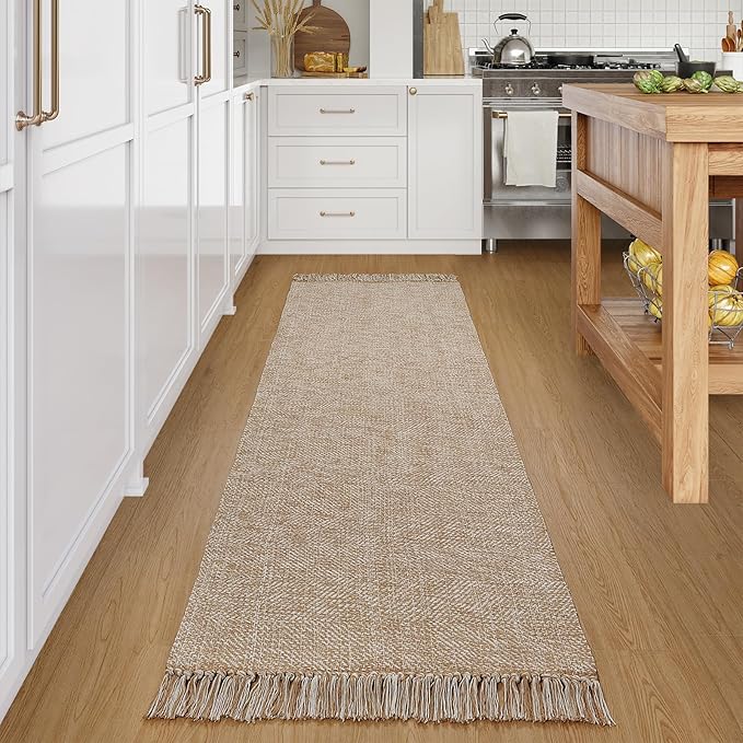 Collive Long Hallway Runner Rug 2.6' x 8', Washable Runner Indoor Entryway Rug, Tan Braided Woven Kitchen Runner Rugs Low-Profile Front Door Floor Carpet for Laundry Room Bedroom Doorway