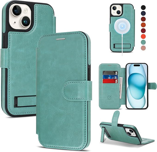 CIVICASE for iPhone 15 Wallet Case with Stand,PU Leather Flip Credit Card Holder Slots (RFID Blocking),Compatible with Magsafe Magnetic Holder Phone Cover Women Men, Green