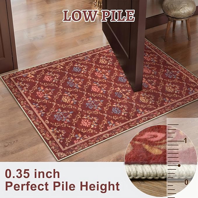 Tangsoo 5x7 Washable Area Rug, Non Slip Red Floral Indoor Rug, Soft Low Pile Floor Carpet for Living Room, Bedroom, Dining Room, Pet & Child Friendly Room Decor, Easy to Clean