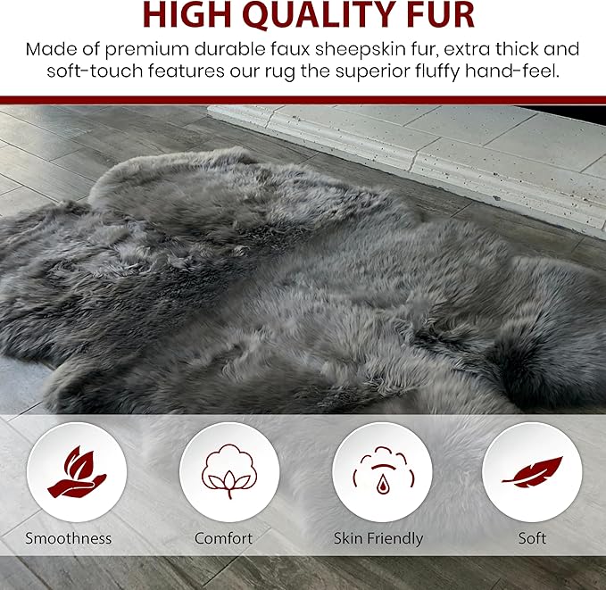 Free Shape Luxury Soft Fluffy Shag Area Rug Decto 10 Pelts 6'x10', 180x300cm - Vegan Fur Ultra Soft Indoor Carpet Nursery Rugs for Bedroom Home Decor, Dark Grey