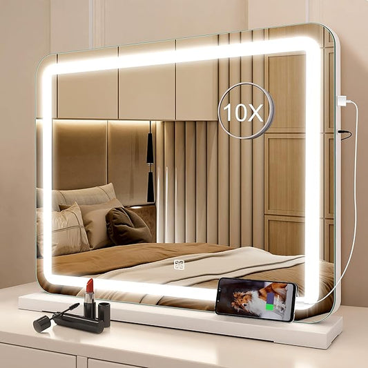 STARLEAD 19" x 14" Makeup Mirror with Lights and 10X Magnification, 3-Color Dimmable LED Lighting & Touch Control, USB Charging Port for Travel/Dressing Room