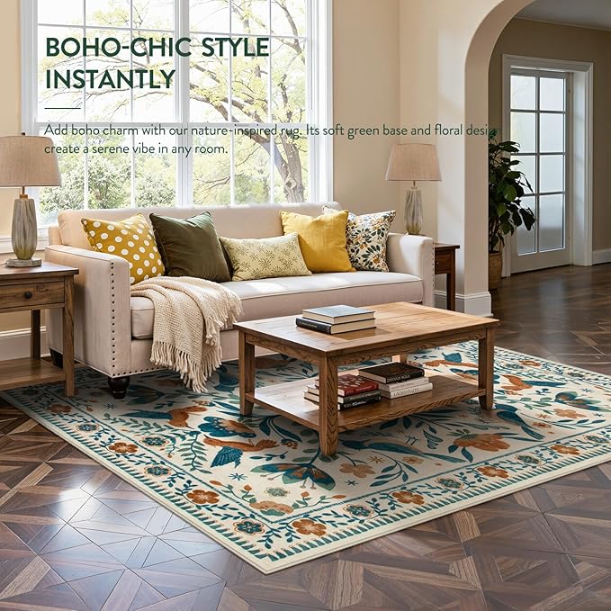 Moynesa Floral Bird 6x9 Area Rug for Living Room Bedroom Dining Room, Retro Home Decorations for Modern Bohemian Farmhouse Open Areas, Family Friendly Comfort Floor Protection Non-Slip Washable