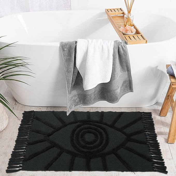 Uphome Boho Bathroom Rug 2'x3' Washable Evil Eye Tufted Entryway Rug with Tassels Soft Cotton Woven Small Rugs Modern Minimalist Dark Gray Throw Rugs for Bedroom Kitchen Doorway Laundry Room