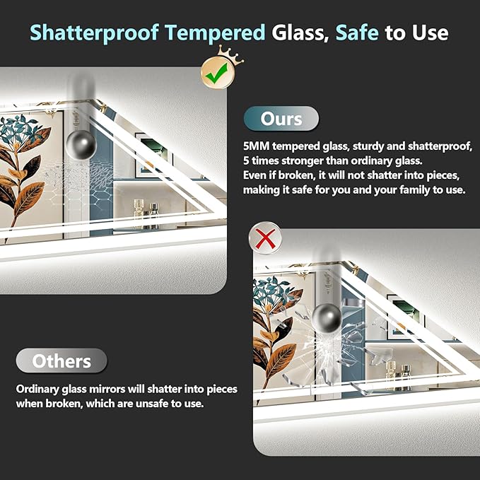 55x36 LED Bathroom Mirror with Lights, Backlit and Front Lit, Anti-Fog Lighted Vanity Mirrors for Bathroom Wall, Dimmable, 3-Color Light, Memory, Shatter-Proof, HD Tempered Glass, CRI＞90