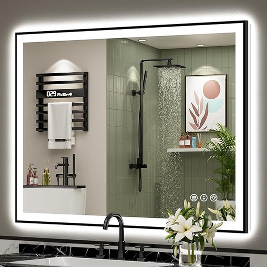 48x38 Black Framed LED Bathroom Mirror with Lights, Backlit + Front Lit, Anti-Fog Lighted Vanity Mirror for Bathroom Wall with 3 Colors, Dimmable, Memory, Tempered Glass, Horizontal/Vertical