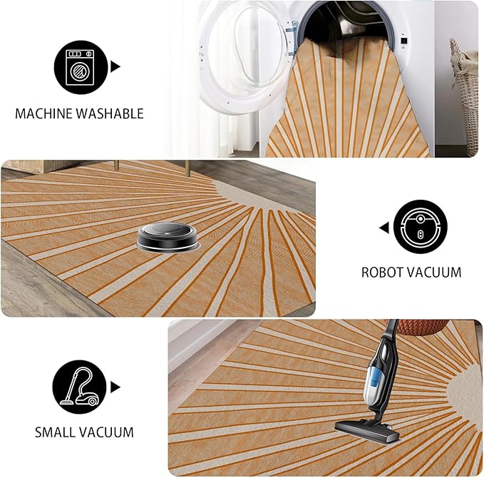 Boho Sun Print Area Rug for Living Room 7x10, Modern Abstract Non-Slip Washable Rugs, Soft Stripe Minimalism Carpet for Bedroom, Nursery, Entryway, Dining Room & Office Decor, Orange White