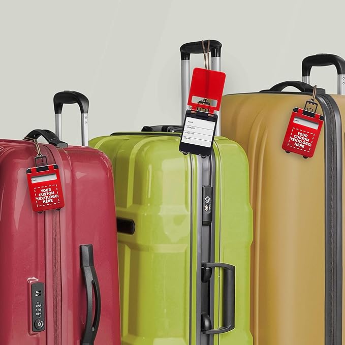 50 Mini Carry-on Luggage Tags Pack - Customizable Text, Logo - Flip Open Cover, ID Sticker - Red