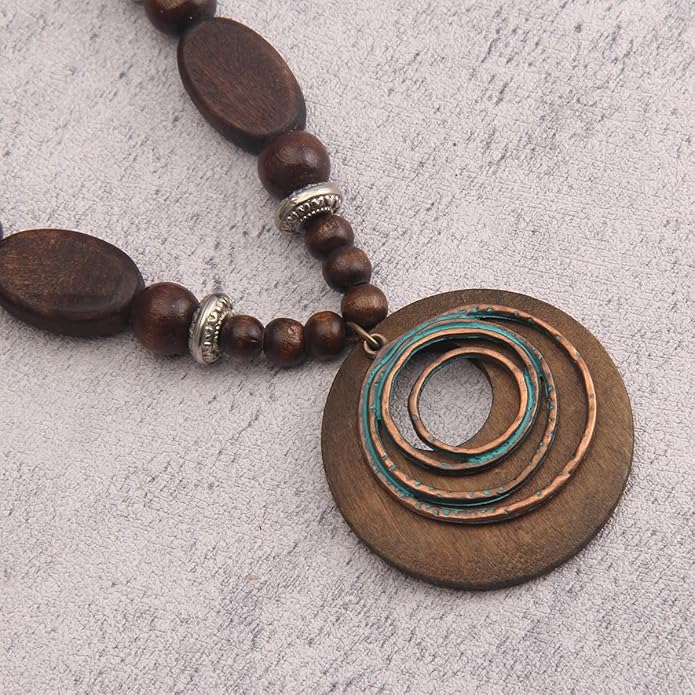 Leather Necklace for Women Boho Choker Necklace Long Cord Leather Pendant Bohemian Neckalce Vintage Alloy Pendant Leather Rope Necklace Wooden Necklaces for Women