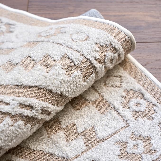 Moroccan Washable Area Rug 3x5, Geometric Tribal Decorative Woven Rug, Non-Slip Boho Farmhouse Soft Low-Pile Area Rug for Living Room Bedroom Dining Table Nursery, Cream/White
