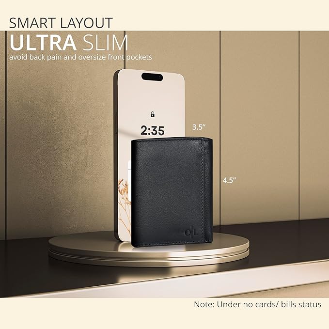Real Leather Mens Trifold Wallet RFID Blocking Slim Minimalist Front Pocket - Thin & Stylish with ID Window in Gift Box