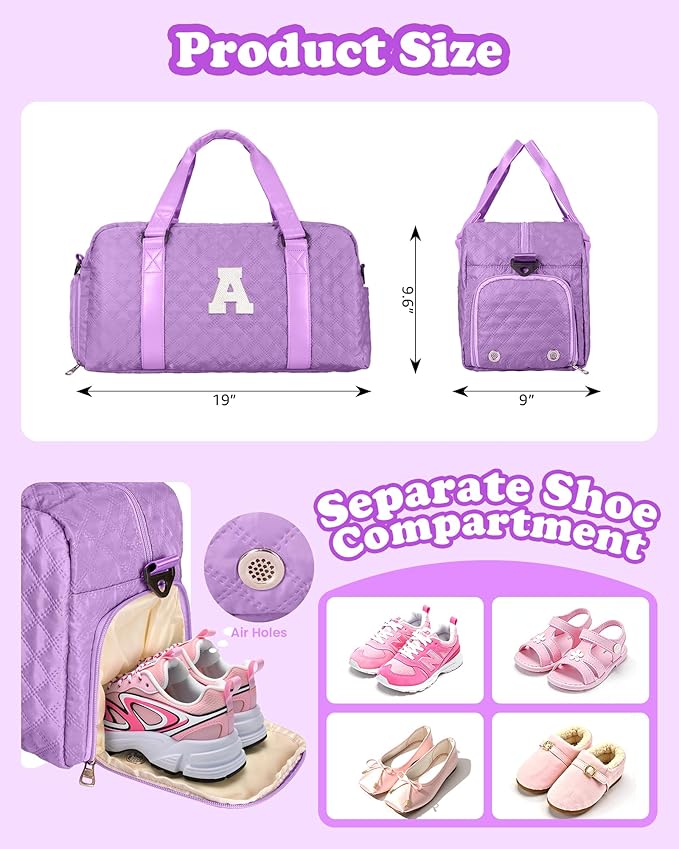 Elilier Initial Gym Bag for Girls, Kids Travel Duffel Bag, Graduation Gifts for Her, Personalized Weekender Bag with Shoes Compartment, Gifts for Mom, Girls Gifts for Kids